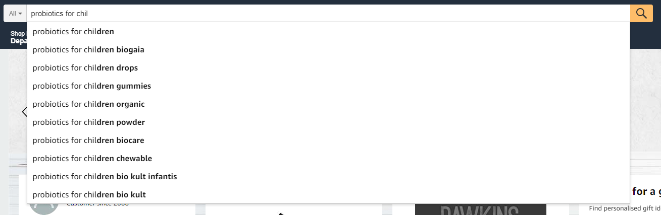 Amazon search predictions probiotics for children