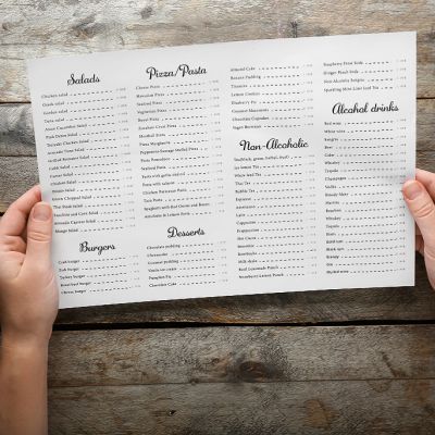 Female hands with menu on wooden table